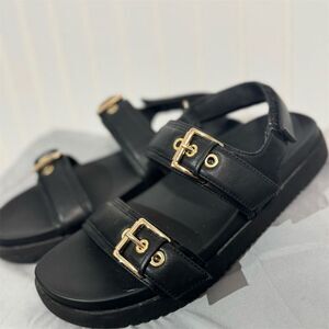 Madden Girl Black Double Buckle Sandals Women’s Size 7 Gold Hardware Slip On